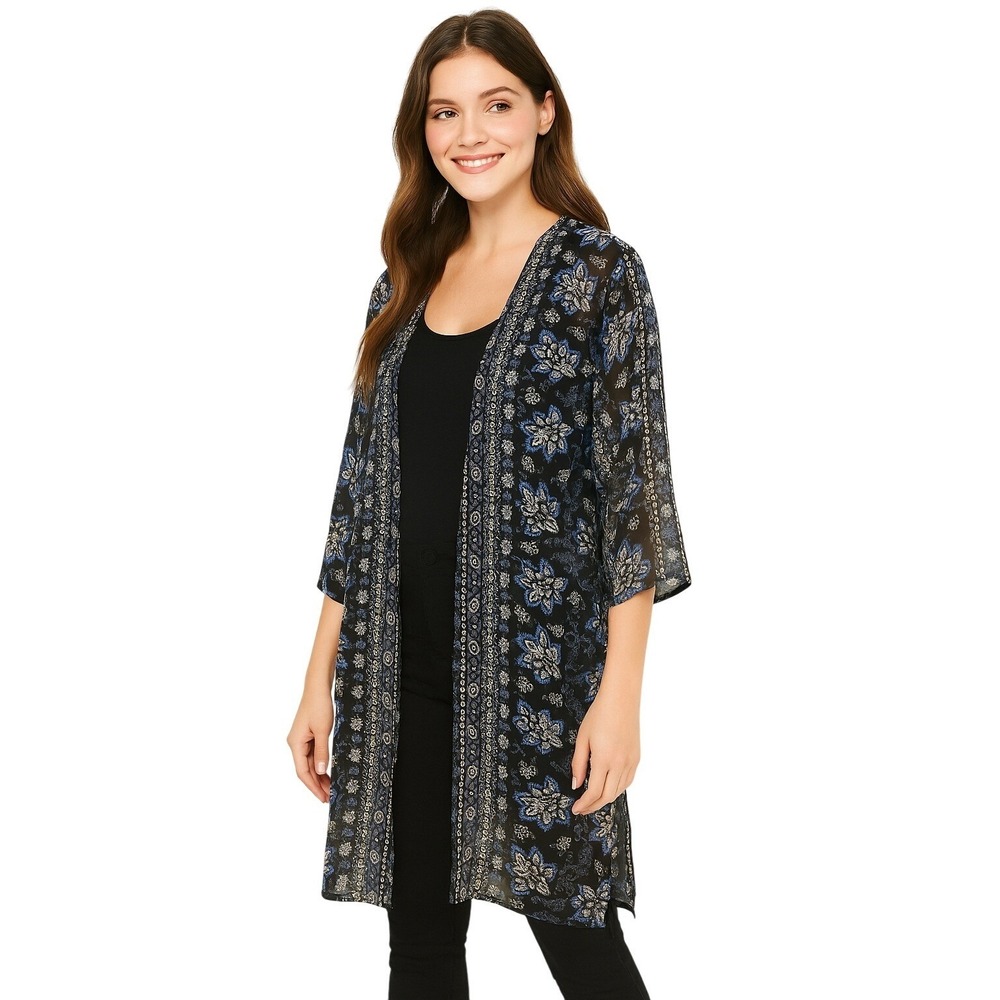 Forever 21 Womens Small Black Blue Floral Duster Kimono Cardigan Bohemian Layer